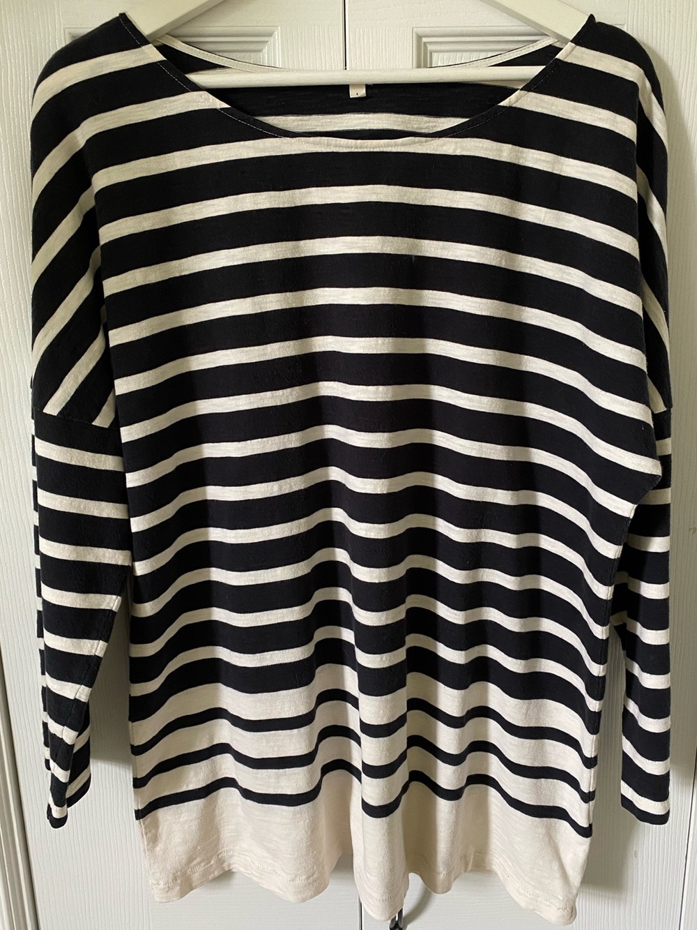 J. Crew Navy and White Striped Breton tunic top mother of pearl buttons Size L